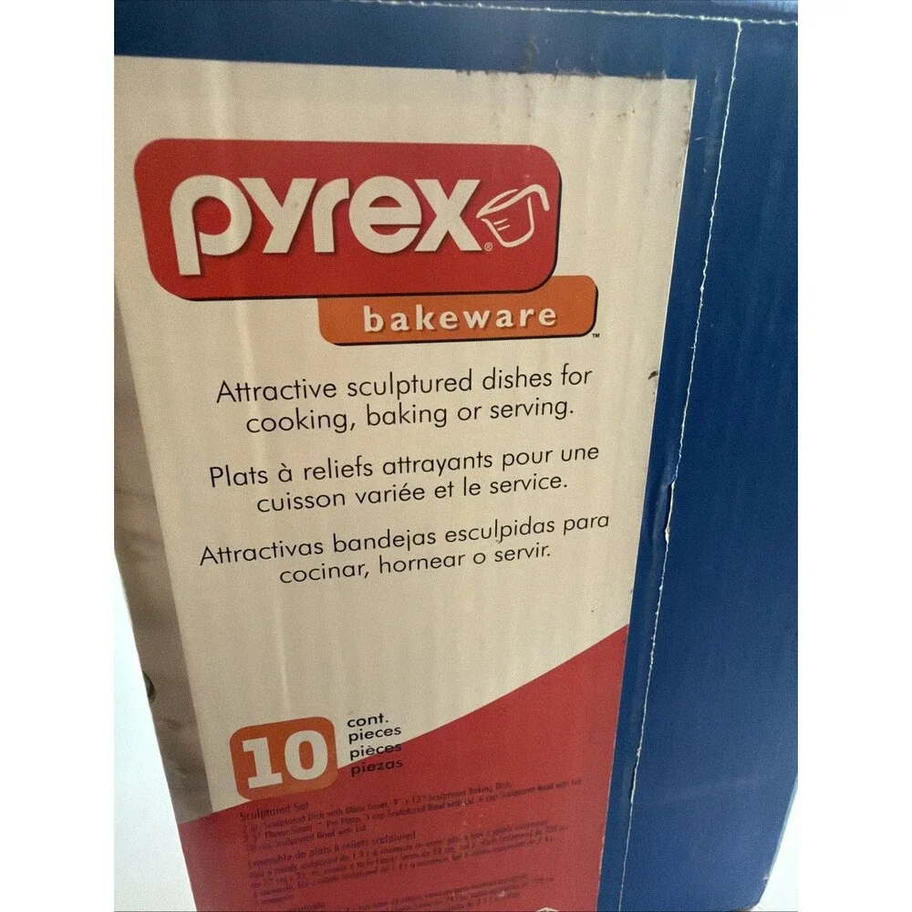 Pyrex Bakeware 10Pc Vintage Sculptured Set - 9x13, Pie, 2qt & Lid, Bowls & Lids